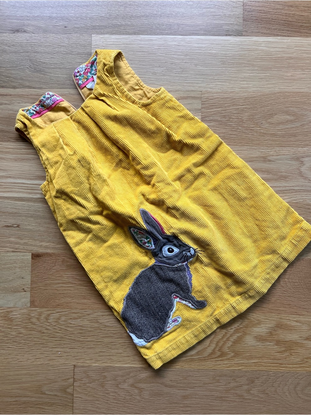 Boden girls yellow cord dress with rabbit applique